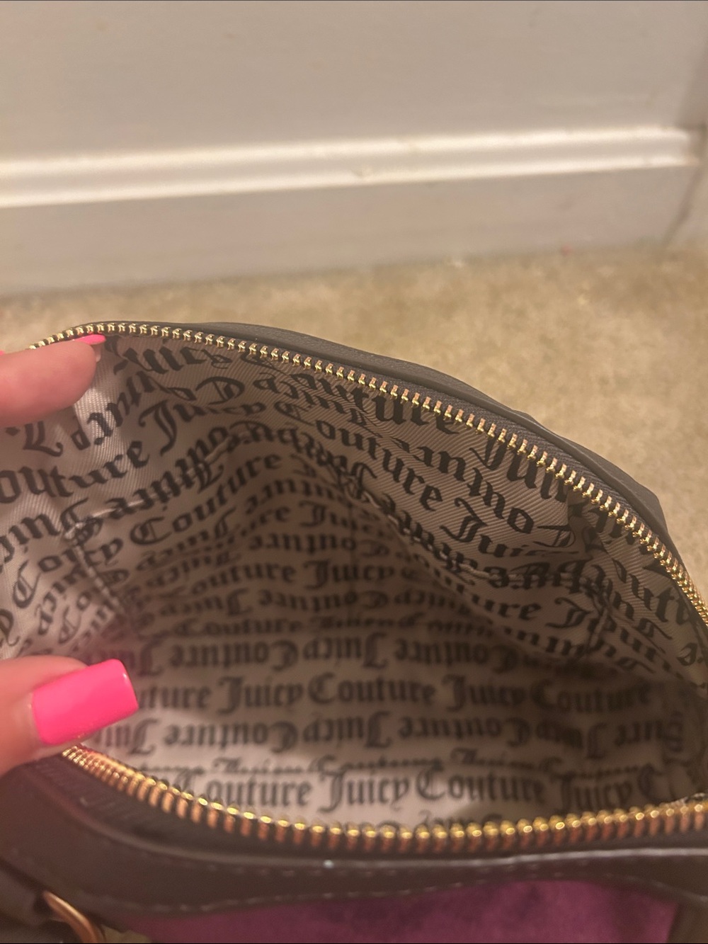 Juicy Couture Plum Velvet Dome Satchel with Black Trim and Gold Crown Charm - Picture 4 of 4